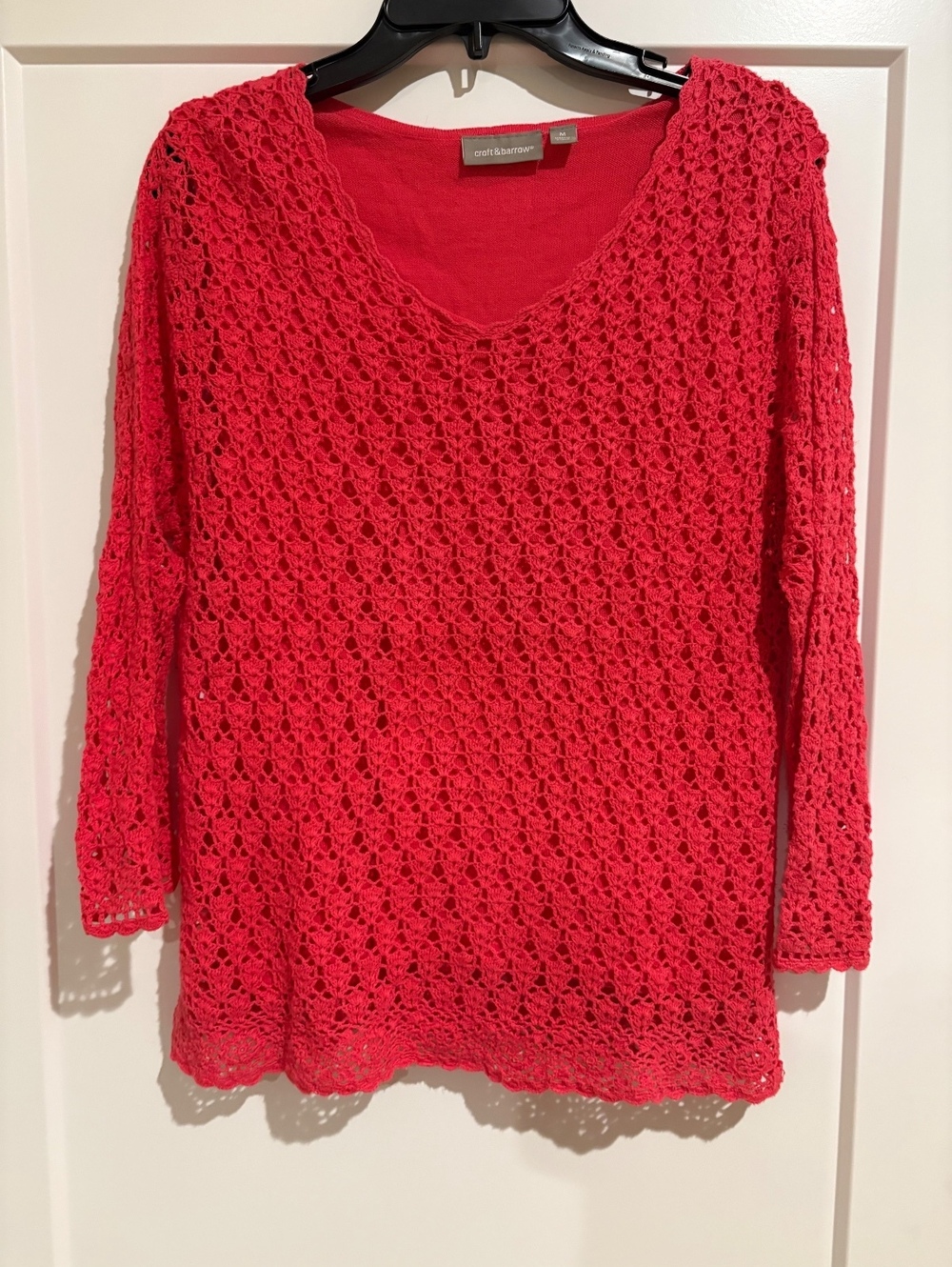 Croft & Barrow Women’s Medium Red Crochet Knit Sweater Ramie Cotton 3/4 Sleeve